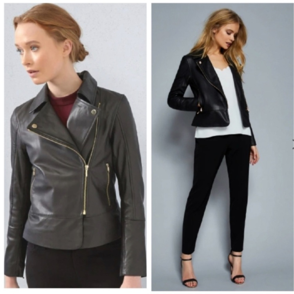 New Ted Baker Lizia Black Leather Lambskin Moto Zip Collar Jacket Sz 1/XS